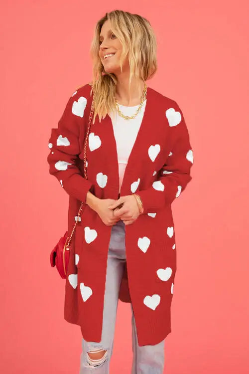 Heart Graphic Open Front Cardigan with Pockets - Trendsi - Flyclothing LLC