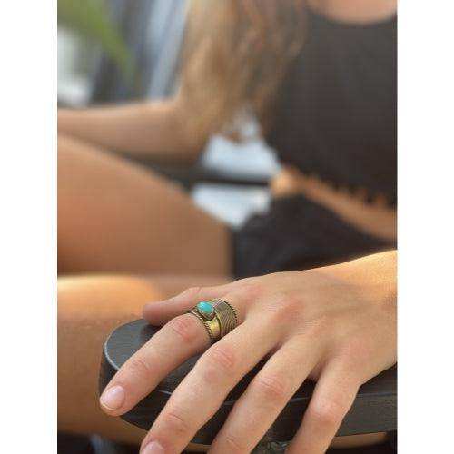 Turquoise Stone Adjustable Brass Ring - Asha Handicrafts - Flyclothing LLC