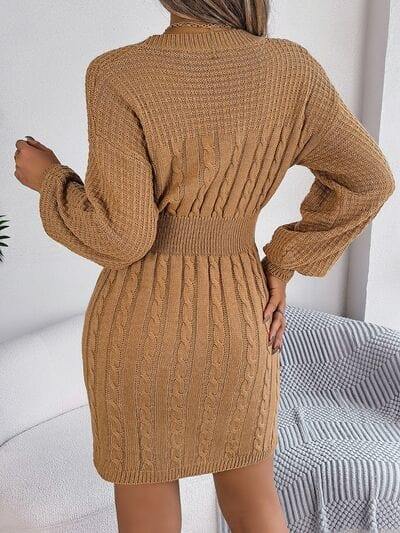 Cable-Knit Cutout Round Neck Slit Sweater - Trendsi