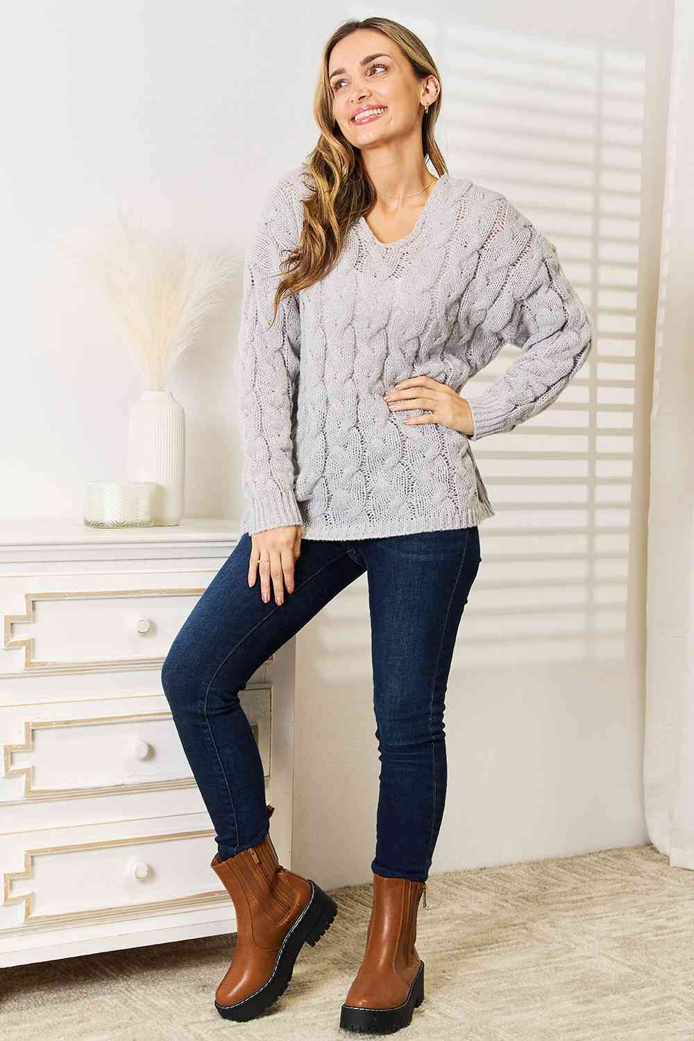 Woven Right Cable-Knit Hooded Sweater - Trendsi - Flyclothing LLC