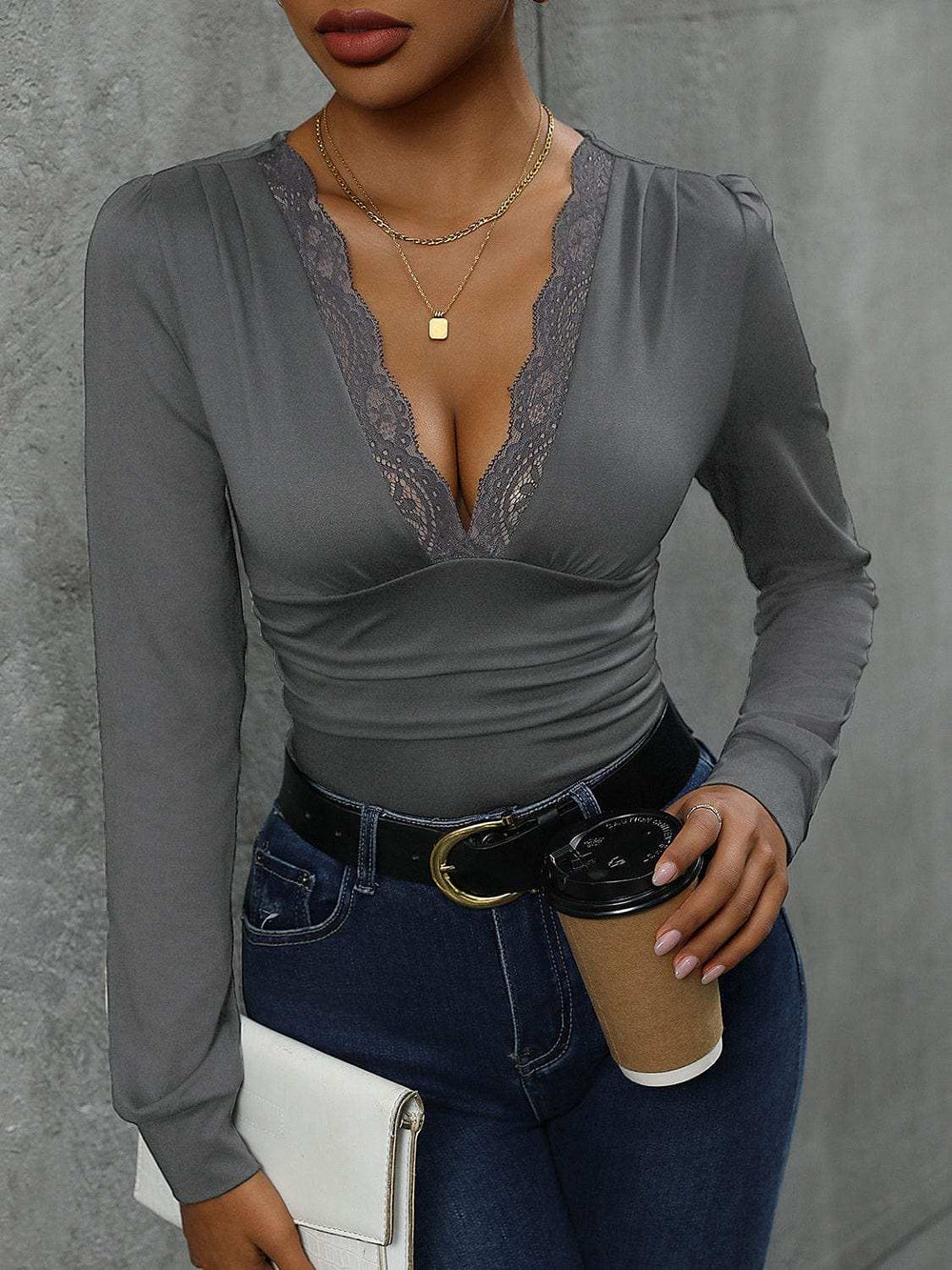 Lace Detail Plunge Long Sleeve Bodysuit - Trendsi - Flyclothing LLC