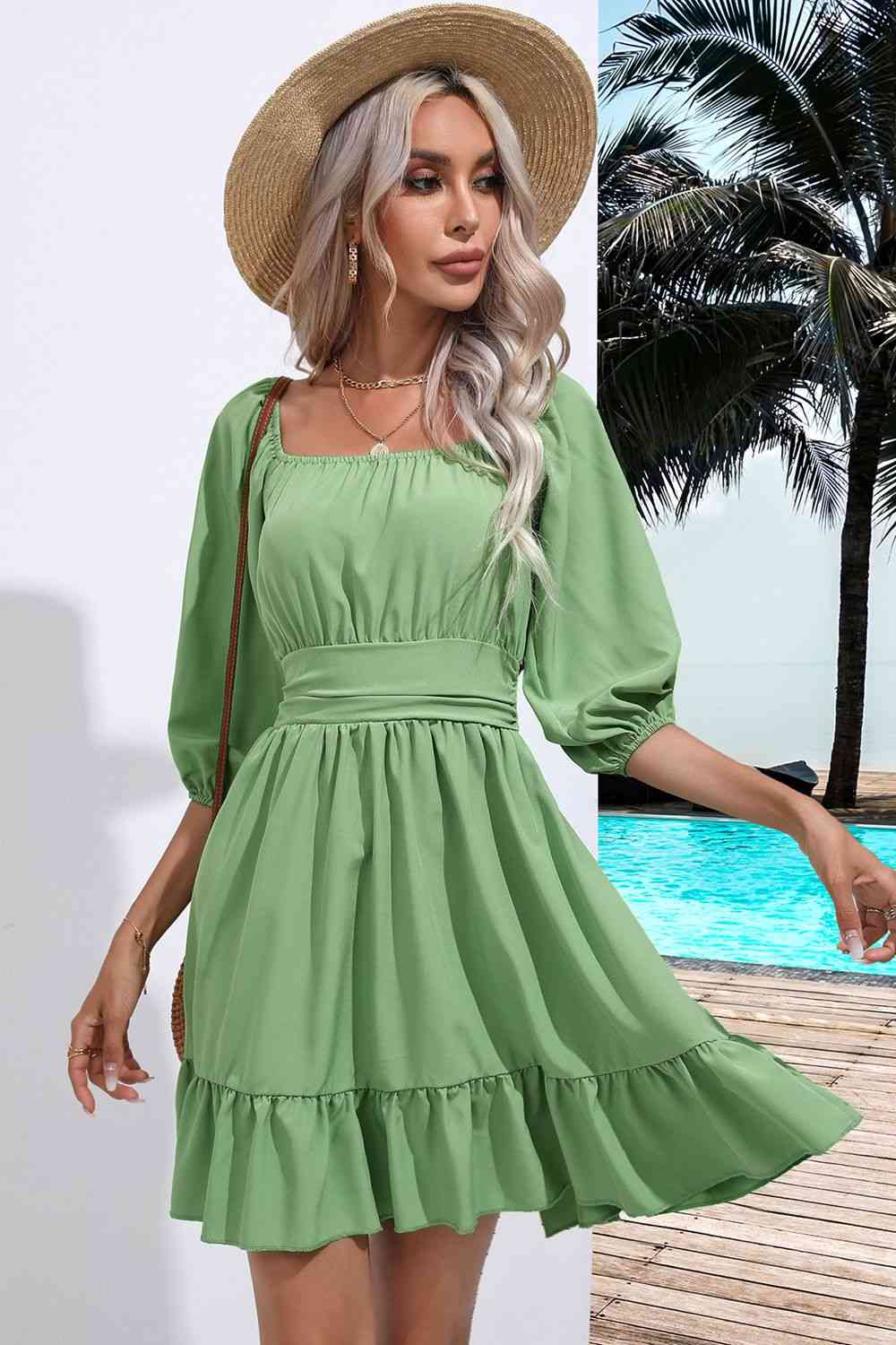 Square Neck Tie Back Ruffle Hem Dress - Flyclothing LLC