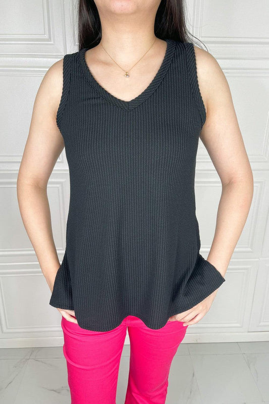 Blumin Apparel Chance of Sun Full Size Ribbed V-Neck Tank in Black - Trendsi