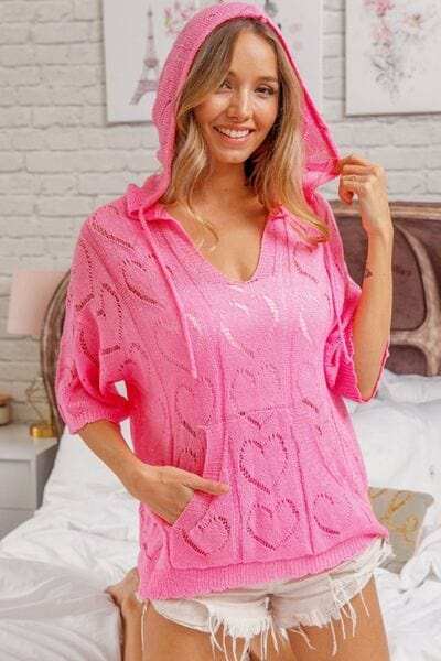 BiBi Openwork Heart Hooded Knit Top - Trendsi - Flyclothing LLC