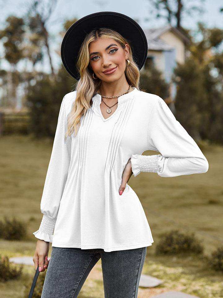 Notched Neck Flounce Sleeve Blouse - Trendsi - Flyclothing LLC
