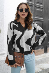 Two-Tone Johnny Collar Dropped Shoulder Pullover Sweater - Trendsi