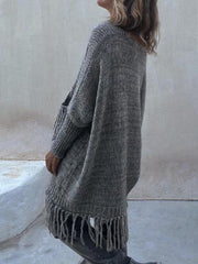 Fringe Detail Long Sleeve Sweater with Pockets - Trendsi