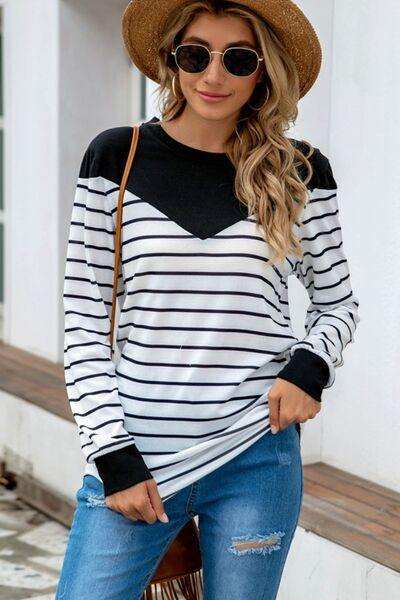 Striped Round Neck Long Sleeve T-Shirt - Trendsi - Flyclothing LLC