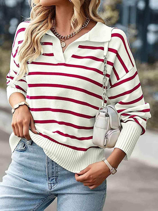 Striped Collared Neck Knit Top - Trendsi - Flyclothing LLC