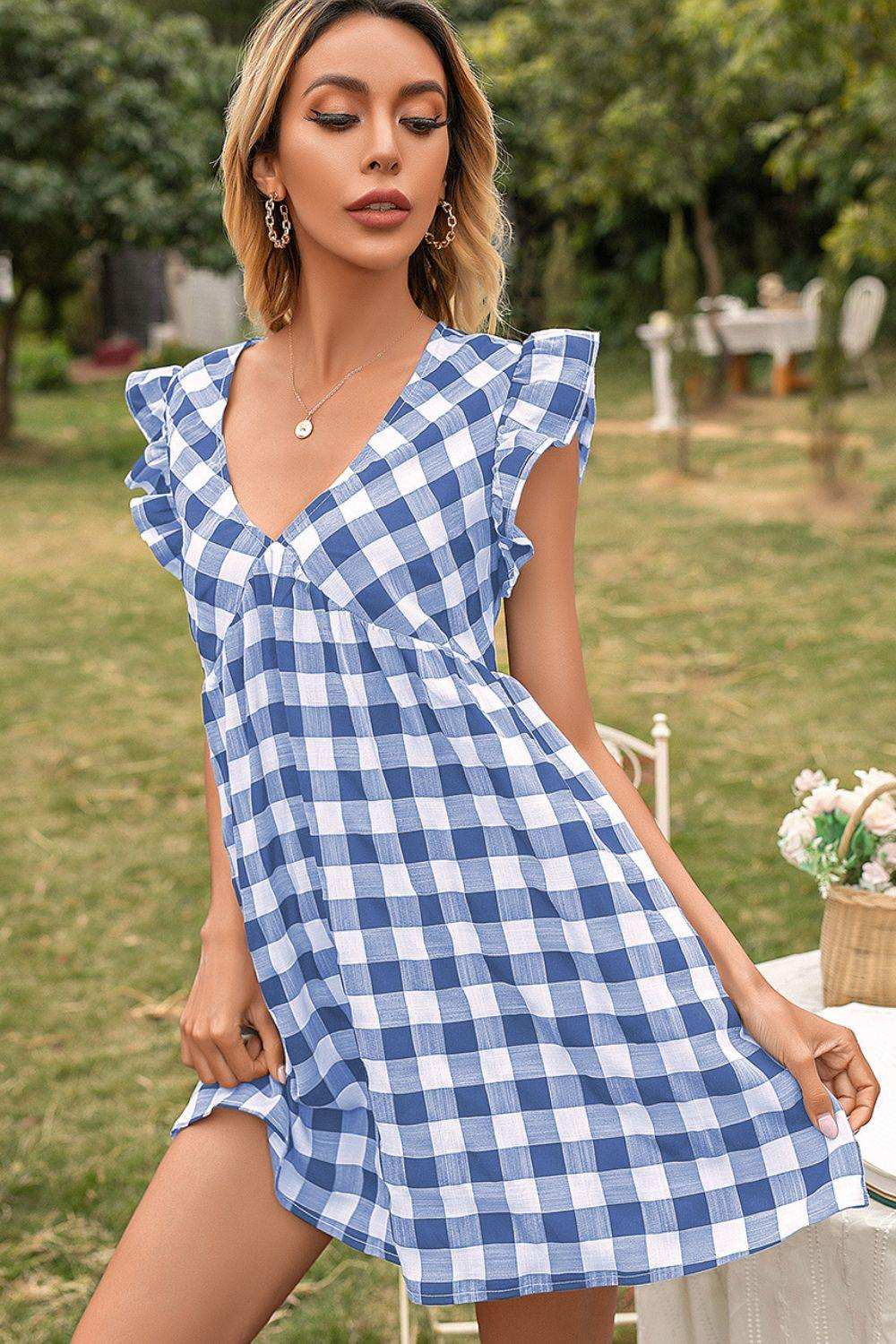 Plaid Butterfly Sleeve Deep V Dress - Trendsi - Flyclothing LLC