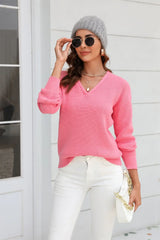 Ribbed V-Neck Dropped Shoulder Knit Top - Trendsi - Flyclothing LLC