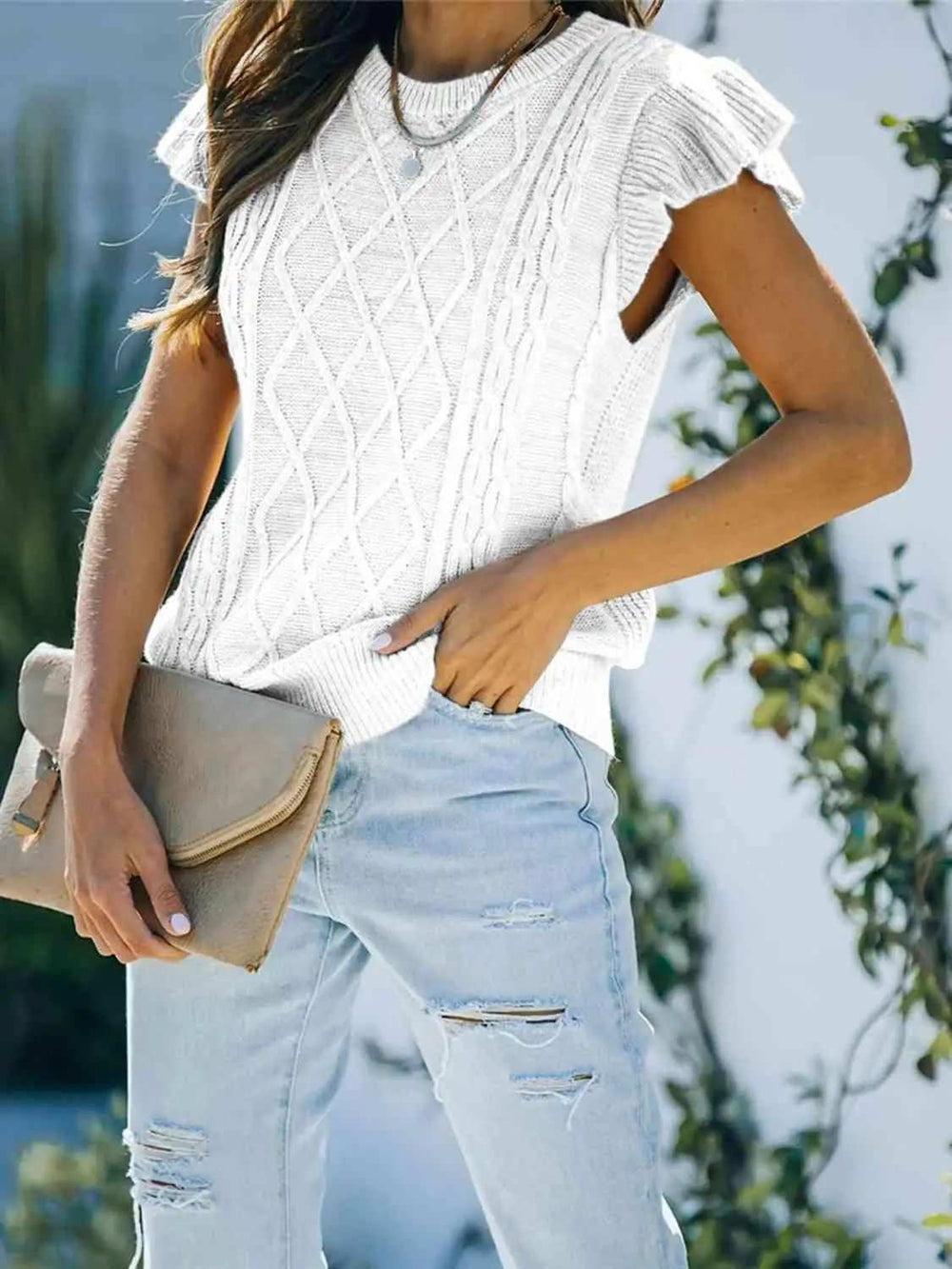 Round Neck Cap Sleeve Sweater - Trendsi - Flyclothing LLC