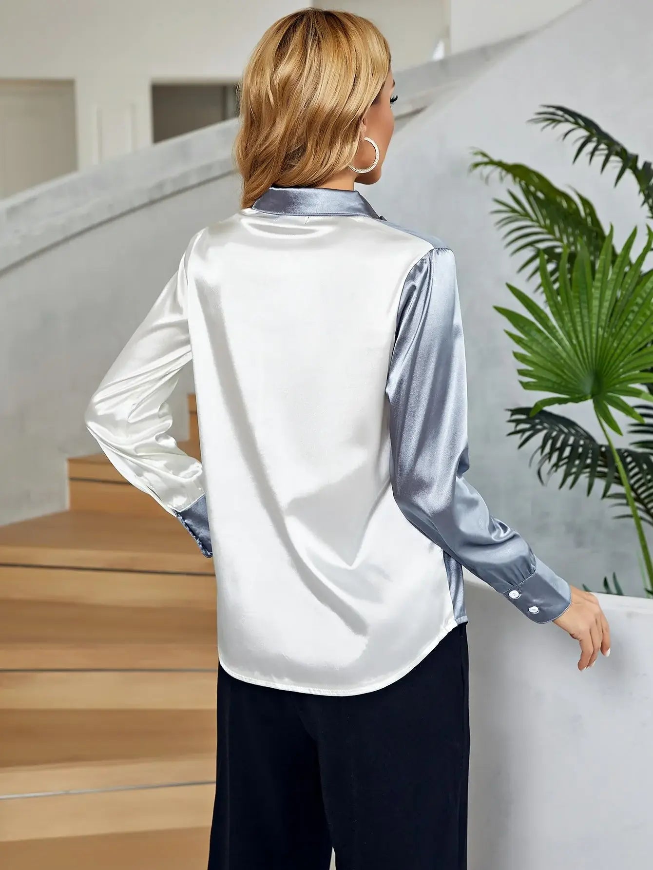 Two-Tone Long Sleeve Collared Shirt - Trendsi - Flyclothing LLC
