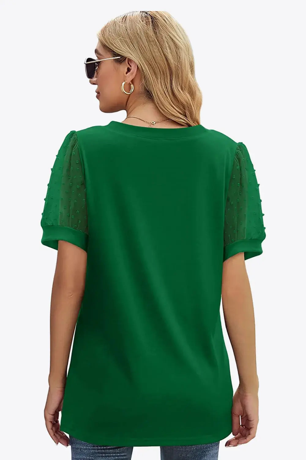 Swiss Dot Puff Sleeve V-Neck Tee - Trendsi - Flyclothing LLC