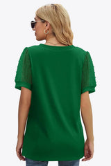 Swiss Dot Puff Sleeve V-Neck Tee - Trendsi - Flyclothing LLC