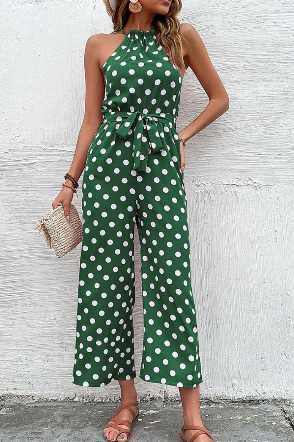 Polka Dot Grecian Wide Leg Jumpsuit - Trendsi