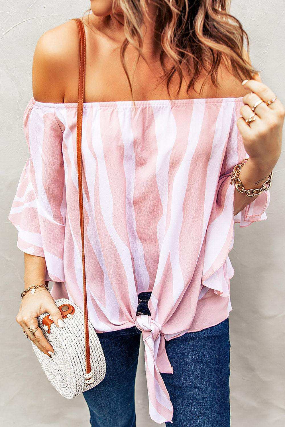 Striped Tie Front Flounce Sleeve Blouse - Trendsi - Flyclothing LLC