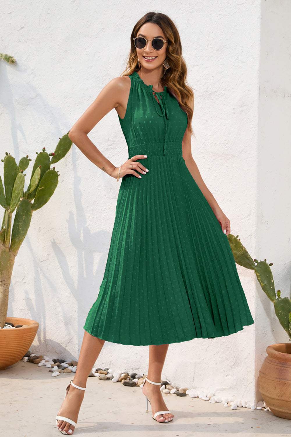 Swiss Dot Tie Neck Sleeveless Dress - Trendsi - Flyclothing LLC