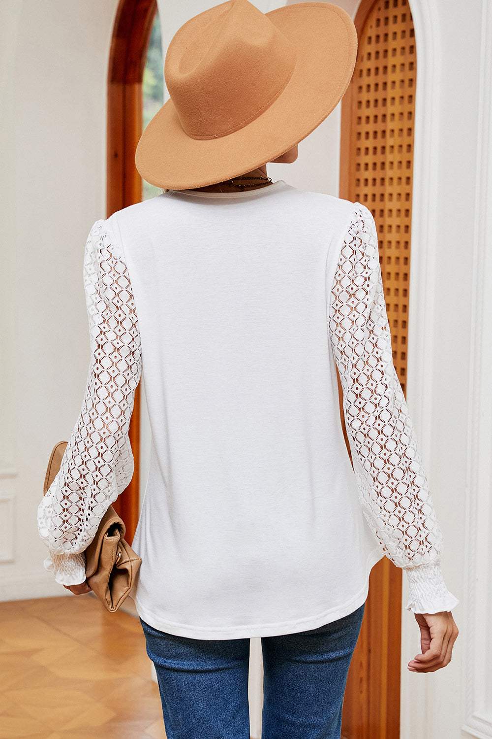 Openwork V-Neck Long Sleeve T-Shirt - Trendsi - Flyclothing LLC
