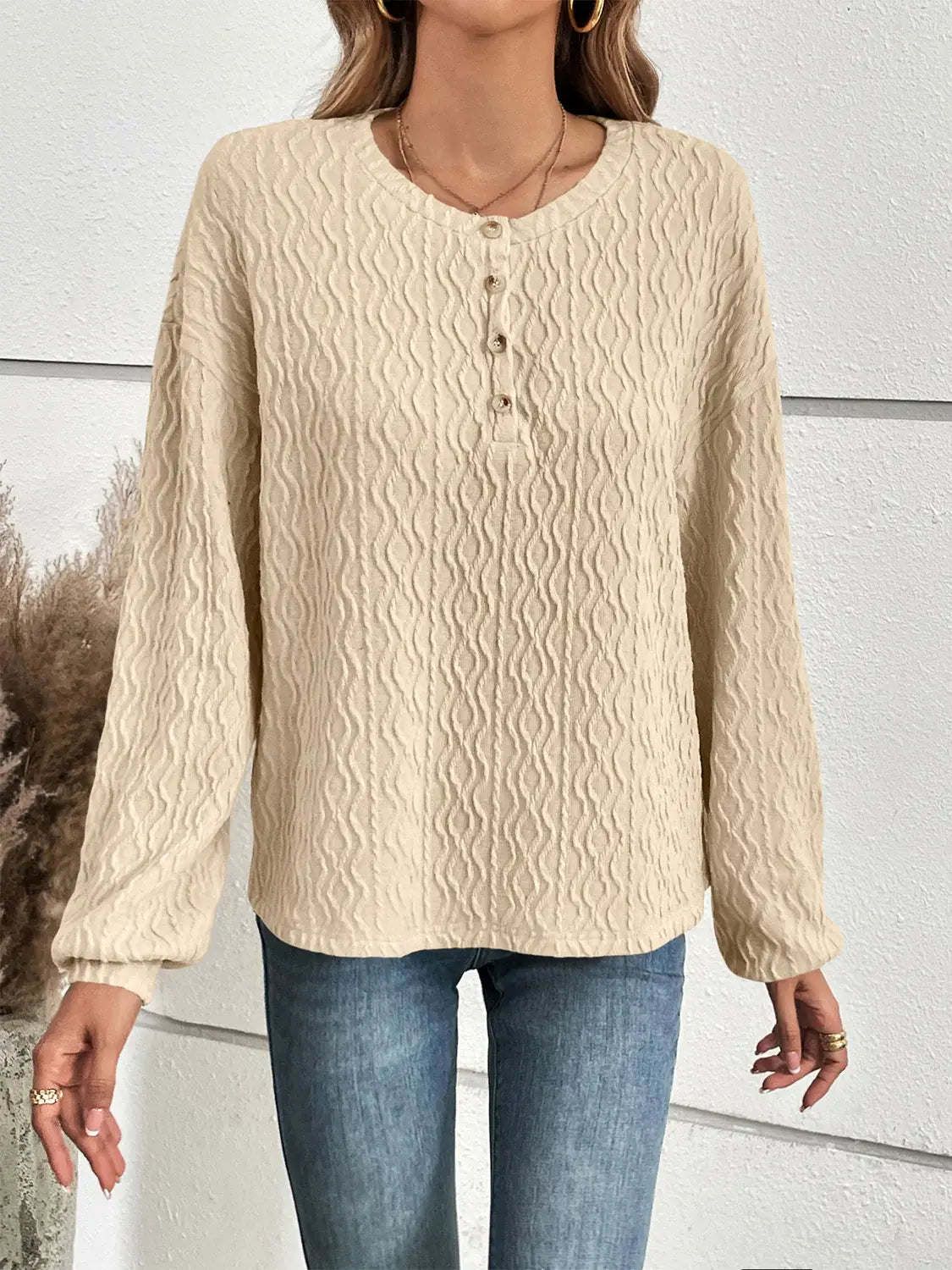 Half Button Long Sleeve Top - Trendsi - Flyclothing LLC