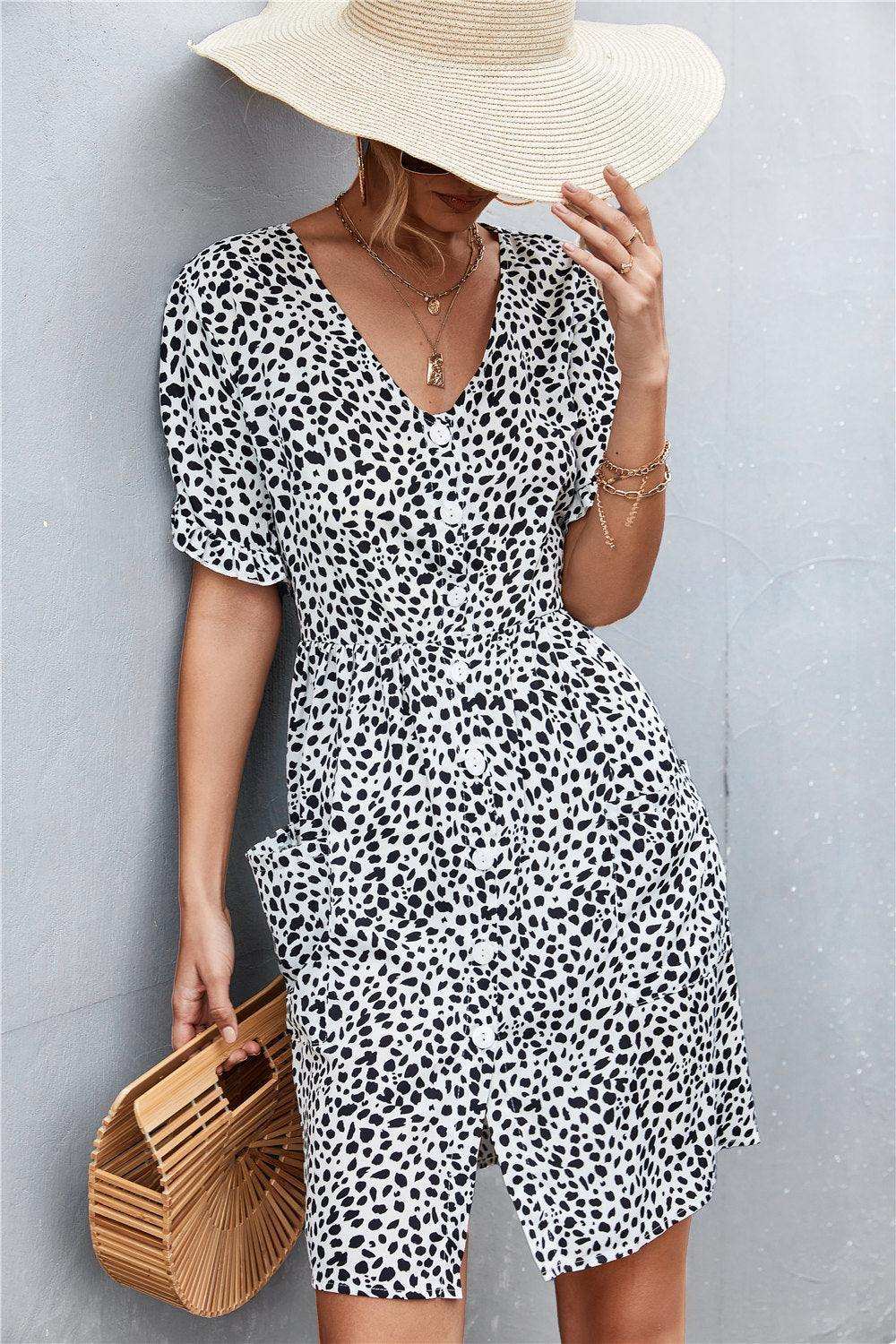 Printed Button down Pocketed Dress - Trendsi - Flyclothing LLC