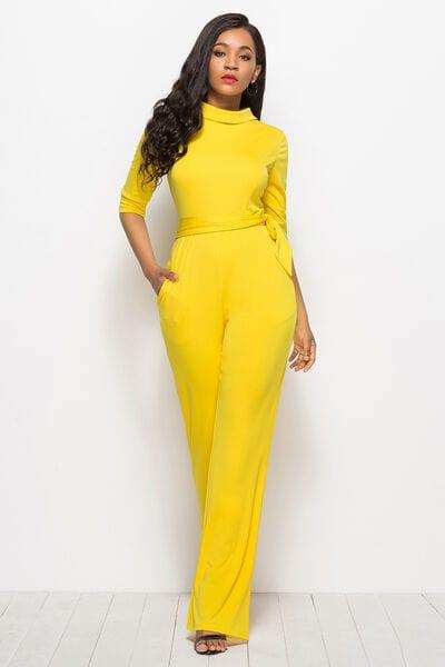 Mock Neck Tie-Waist Half Sleeve Jumpsuit - Trendsi - Flyclothing LLC