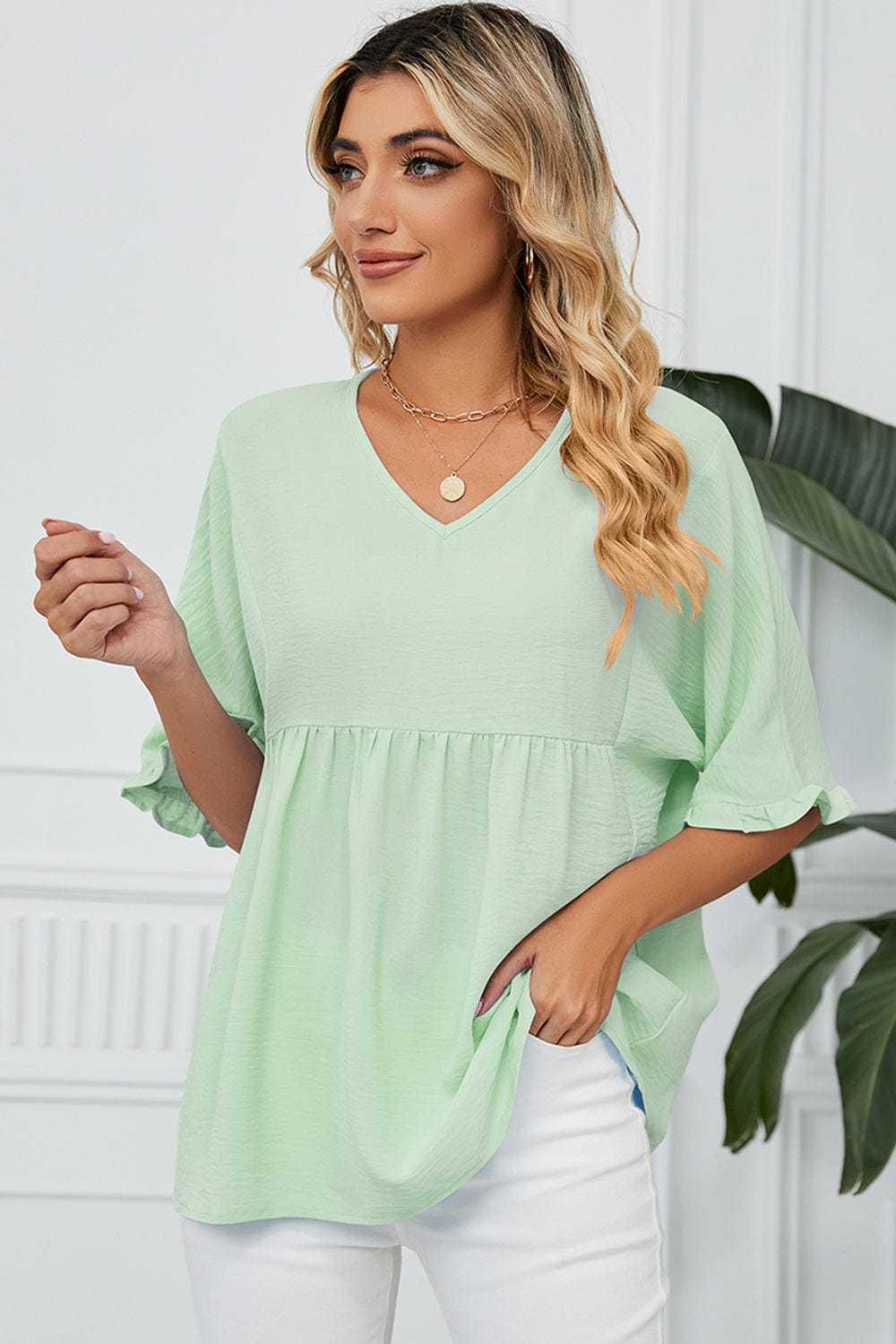 Peplum V-Neck Half Sleeve T-Shirt - Trendsi