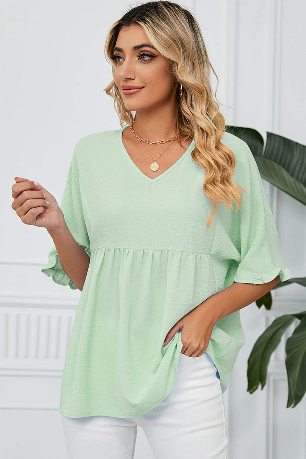 Peplum V-Neck Half Sleeve T-Shirt - Trendsi - Flyclothing LLC