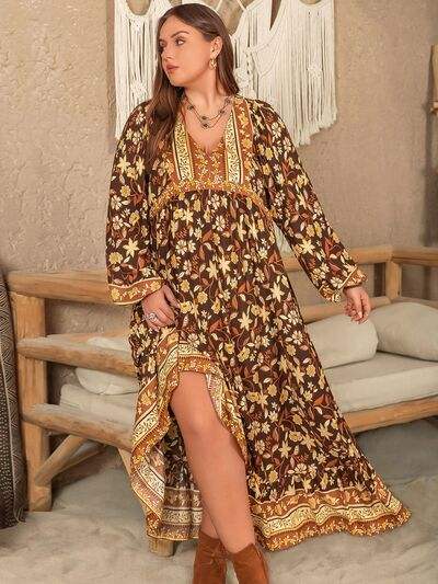 Plus Size Printed V-Neck Balloon Sleeve Dress - Trendsi - Flyclothing LLC