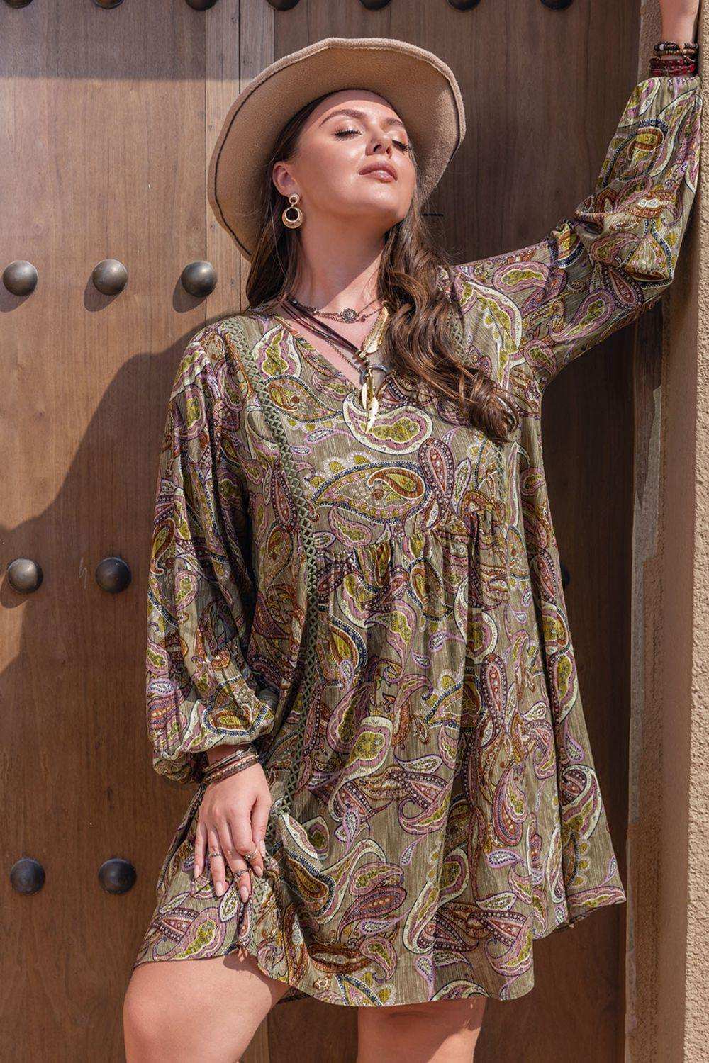 Plus Size Printed V-Neck Long Sleeve Midi Dress - Trendsi - Flyclothing LLC