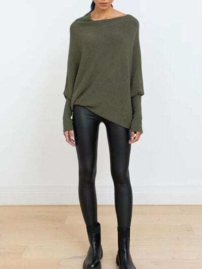 Full Size Boat Neck Batwing Sleeve Knit Top - Trendsi - Flyclothing LLC