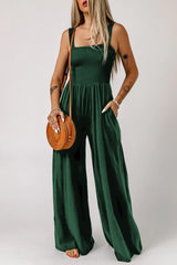 Smocked Square Neck Wide Leg Jumpsuit with Pockets - Trendsi - Flyclothing LLC