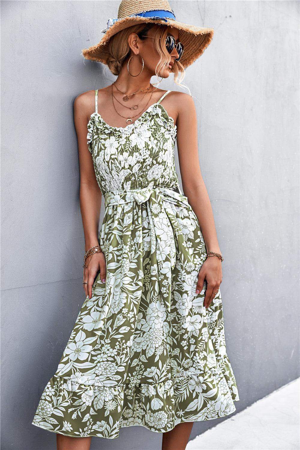 Floral Frill Trim Scoop Neck Spaghetti Strap Dress - Trendsi - Flyclothing LLC