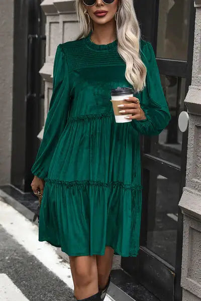Smocked Balloon Sleeve Frill Trim Tiered Dress - Trendsi - Flyclothing LLC