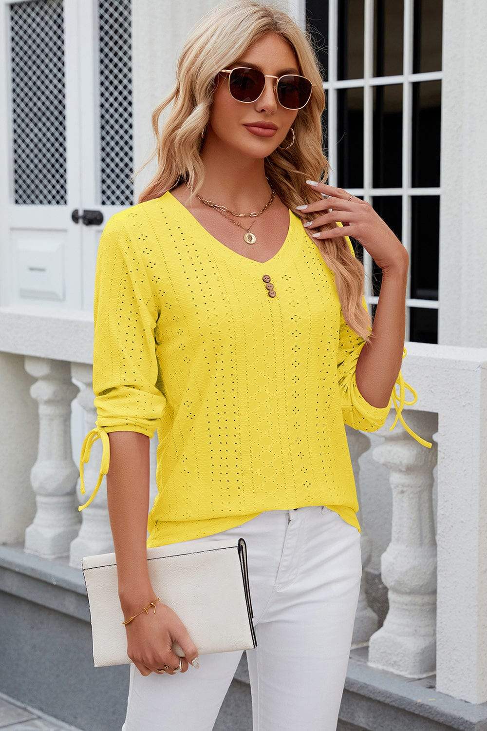 Eyelet Drawstring V-Neck Half Sleeve T-Shirt - Trendsi - Flyclothing LLC