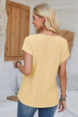 Eyelet Round Neck Rolled Short Sleeve T-Shirt - Trendsi - Flyclothing LLC