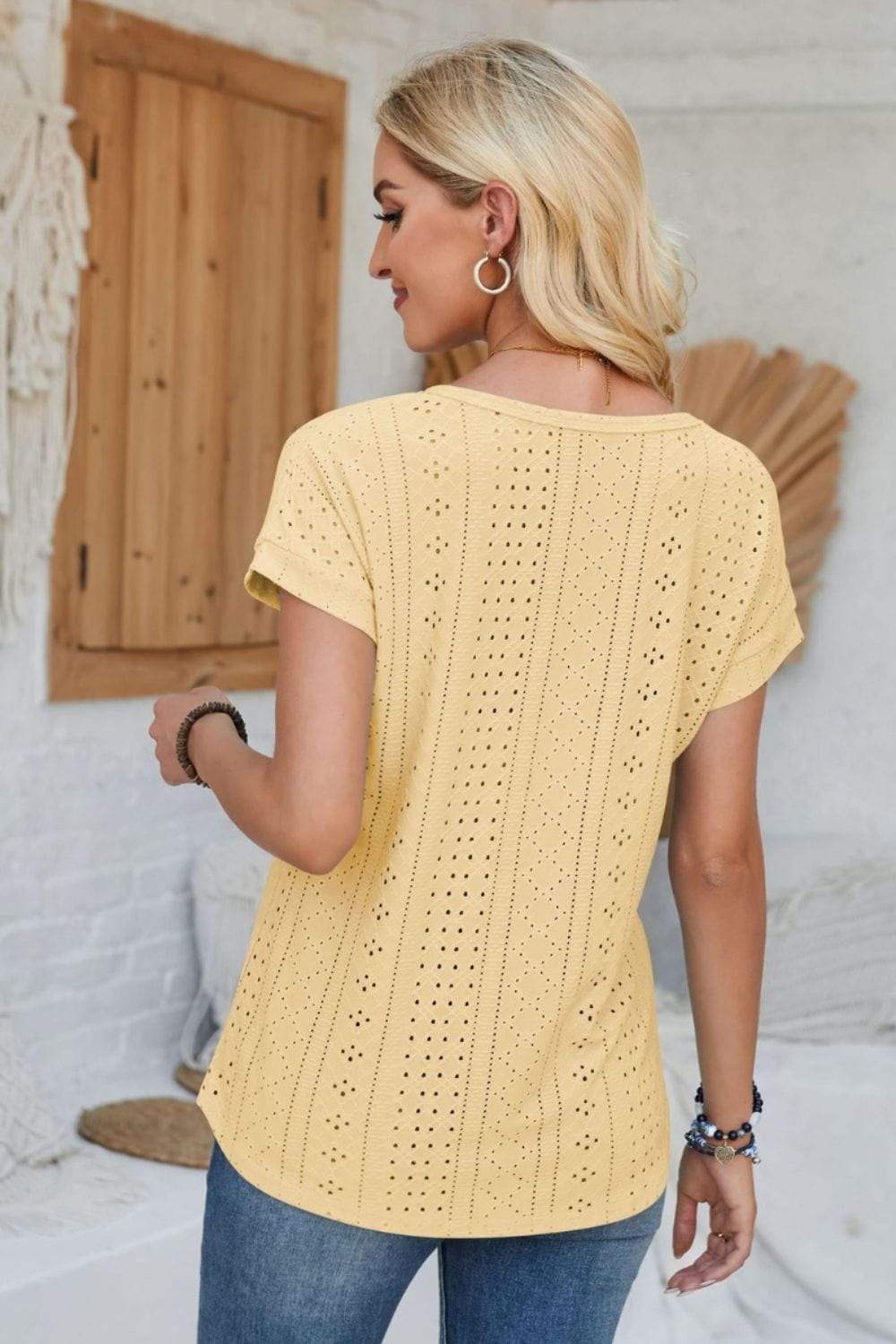 Eyelet Round Neck Rolled Short Sleeve T-Shirt - Trendsi - Flyclothing LLC