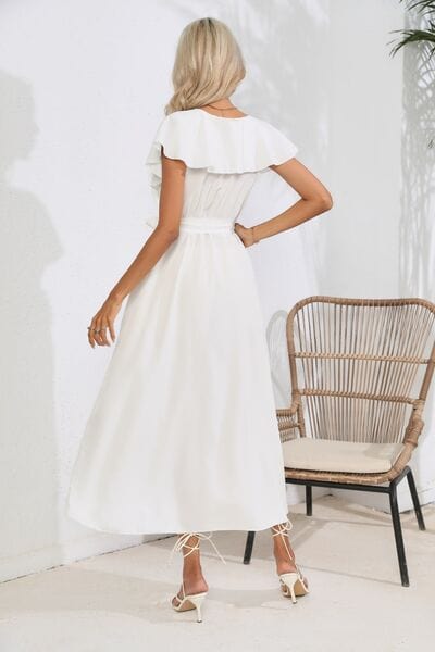 Ruffled Tied V-Neck Midi Dress - Trendsi