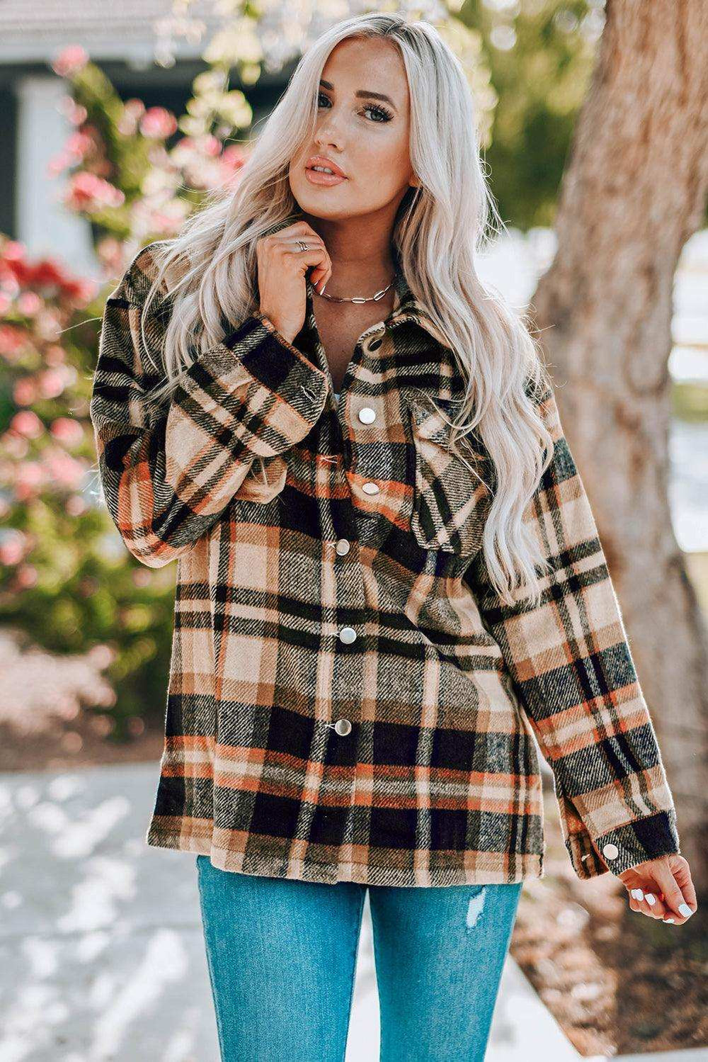 Plaid Button Front Shirt Jacket with Breast Pockets - Trendsi - Flyclothing LLC