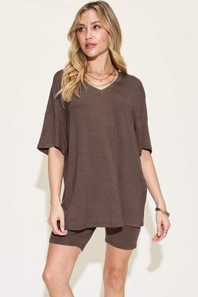 Basic Bae Full Size V-Neck Drop Shoulder Short Sleeve T-Shirt and Shorts Set - Trendsi - Flyclothing LLC
