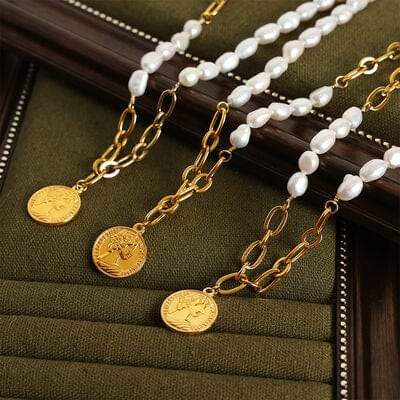 Coin pendant Pearl Titanium Steel Necklace - Trendsi - Flyclothing LLC