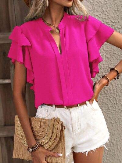 Ruffled Notched Short Sleeve Blouse - Trendsi - Flyclothing LLC