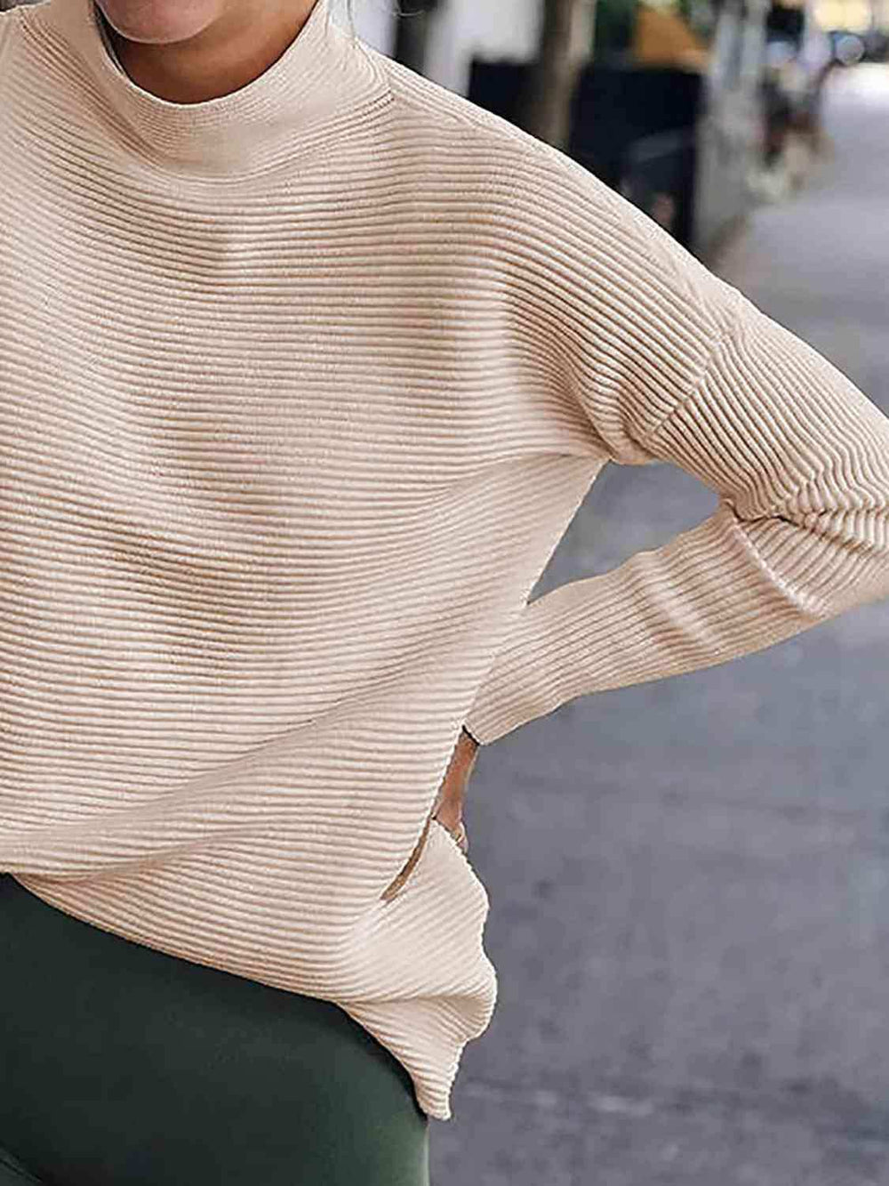 Ribbed Mock Neck Long Sleeve Sweater - Trendsi - Flyclothing LLC