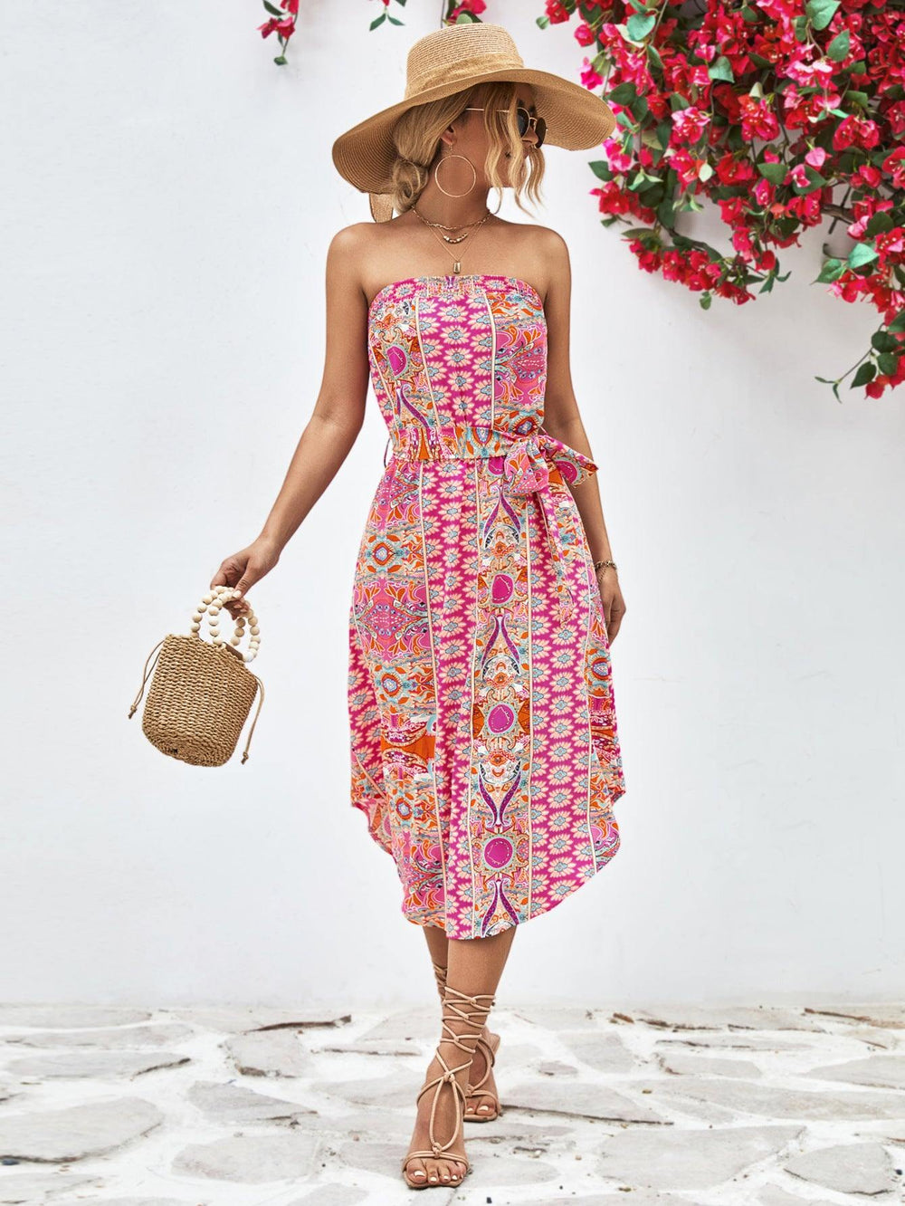 Printed Strapless Tie Belt Dress - Trendsi