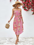 Printed Strapless Tie Belt Dress - Trendsi