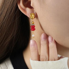 Natural Stone Freshwater Pearl Dangle Earrings - Trendsi