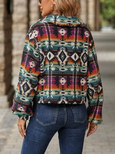 Geometric Dropped Shoulder Balloon Sleeve Outerwear - Trendsi