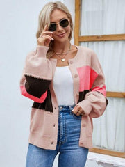 Color Block Button Up Lantern Sleeve Cardigan - Trendsi