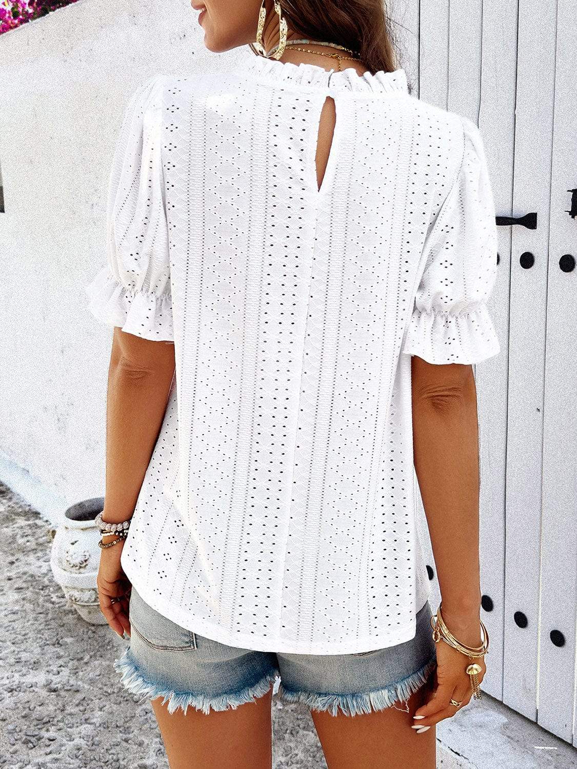 Eyelet Mock Neck Flounce Sleeve Blouse - Trendsi - Flyclothing LLC