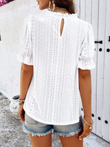 Eyelet Mock Neck Flounce Sleeve Blouse - Trendsi - Flyclothing LLC